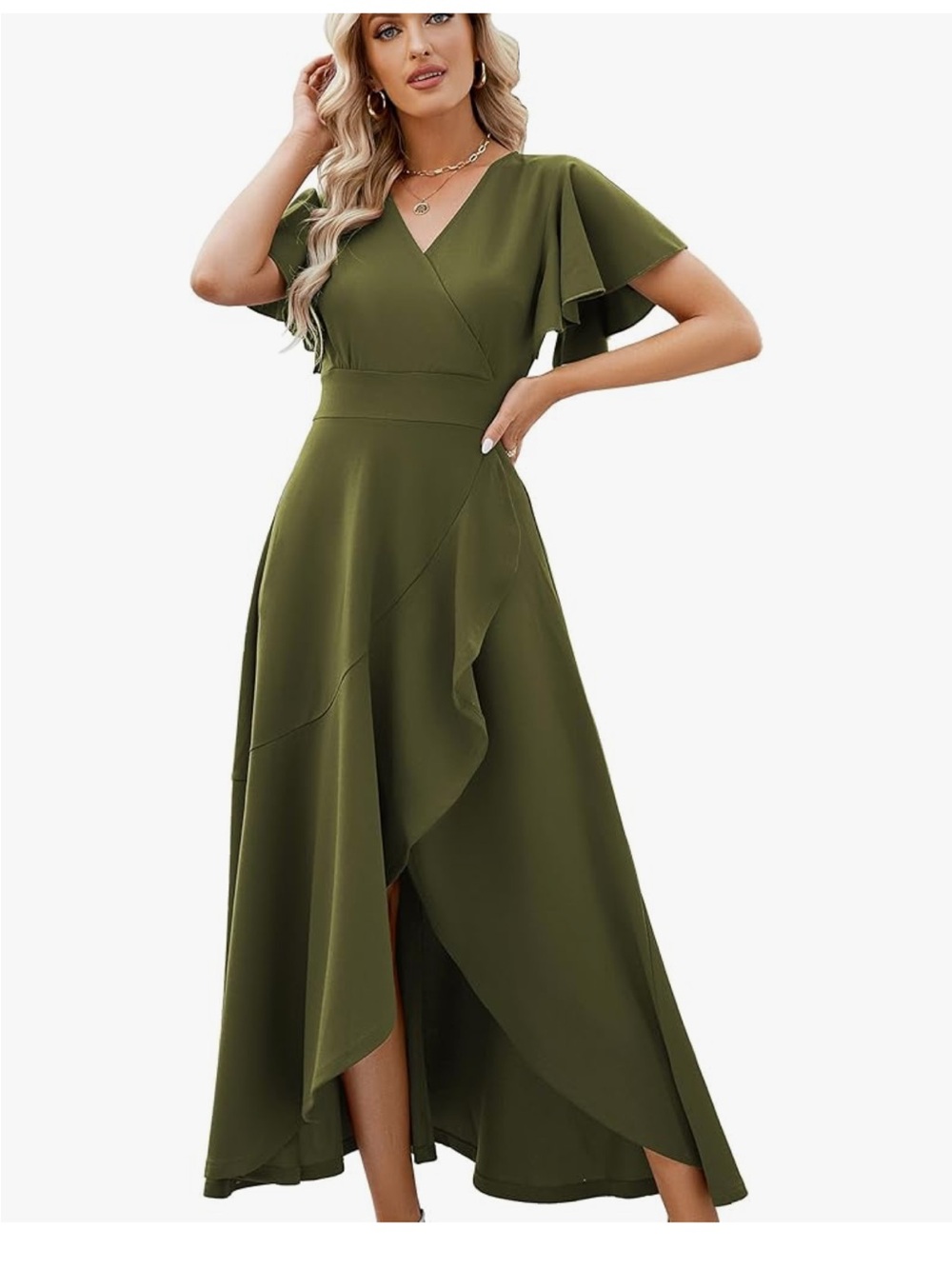 NWT ZZV Olive Green V-Neck Ruffle Wrap Maxi Dress - M